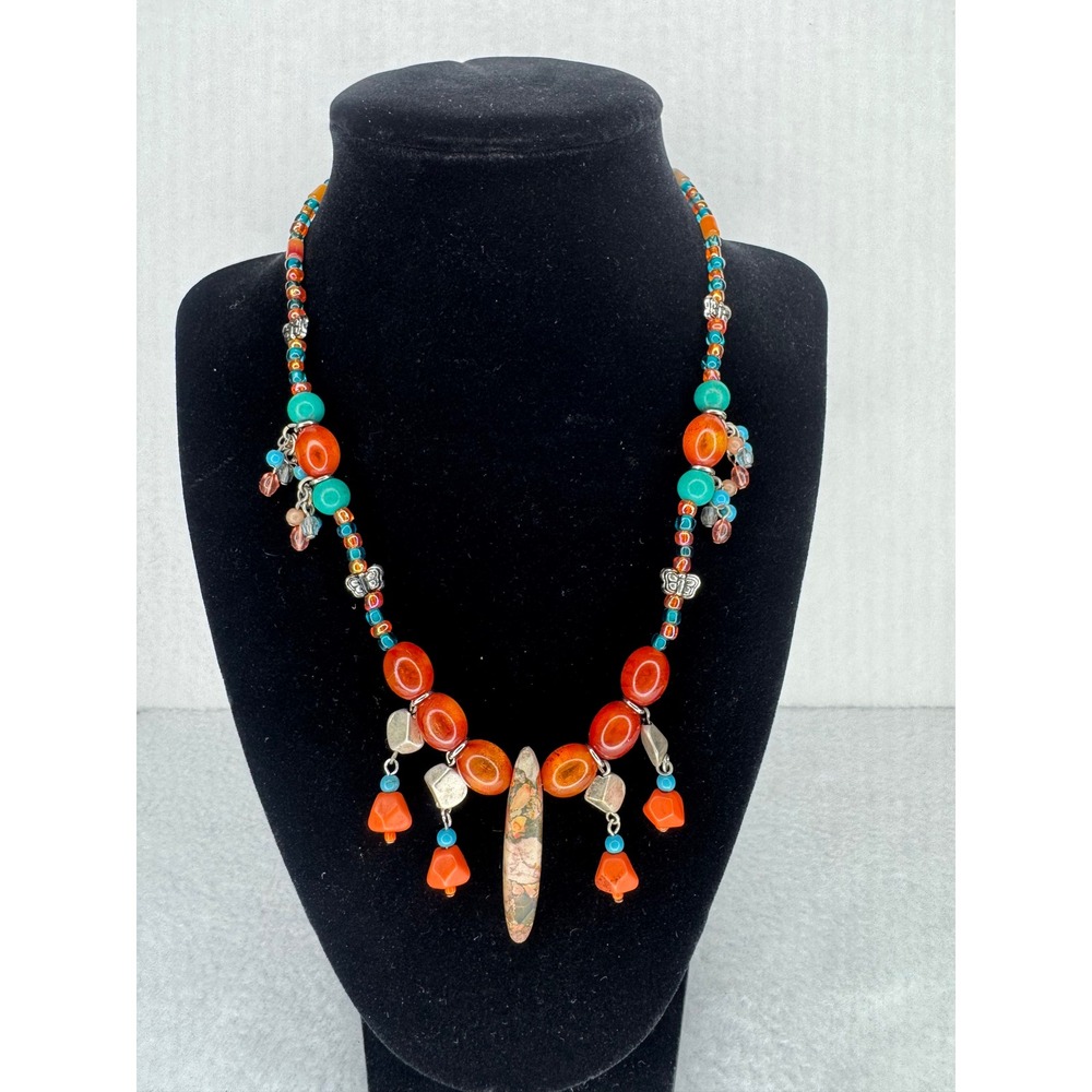 Handmade Vintage Y2K Beaded Necklace Orange Turquoise Boho 17.5 Inch Long